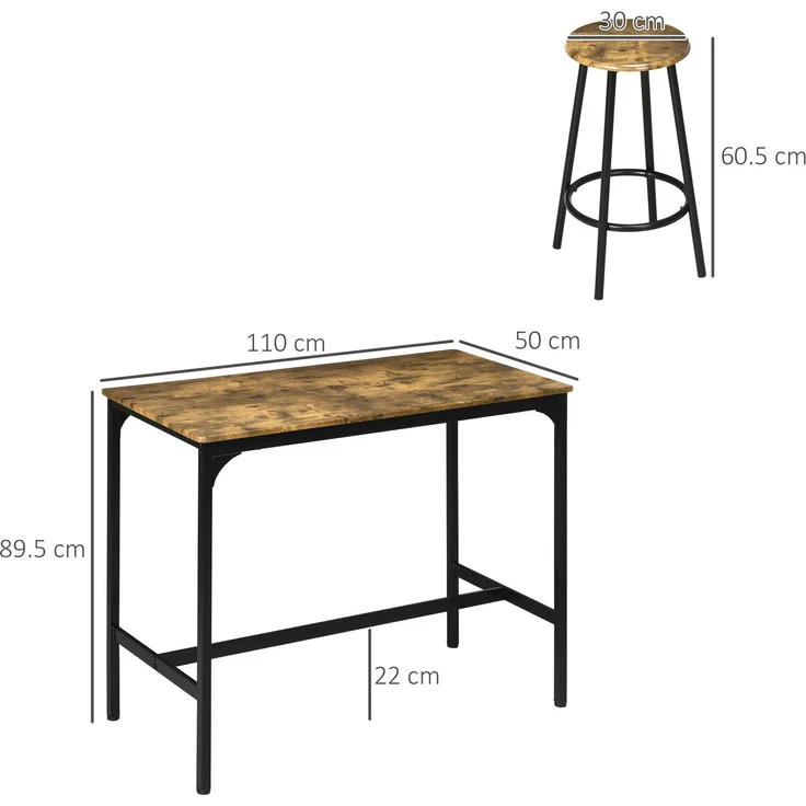 Bartisch-Set 110x50x89,5 cm mit 4 Barhockern – MDF in Holzoptik und schwarzes Metall – Bild 4