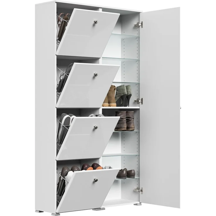 Schuhschrank Spiegel Comfort 4 Klappen 32 Paar 105x187 cm Weiss-Weiss Hgl : Weissmatt / Weiss hochglanz – Bild 5