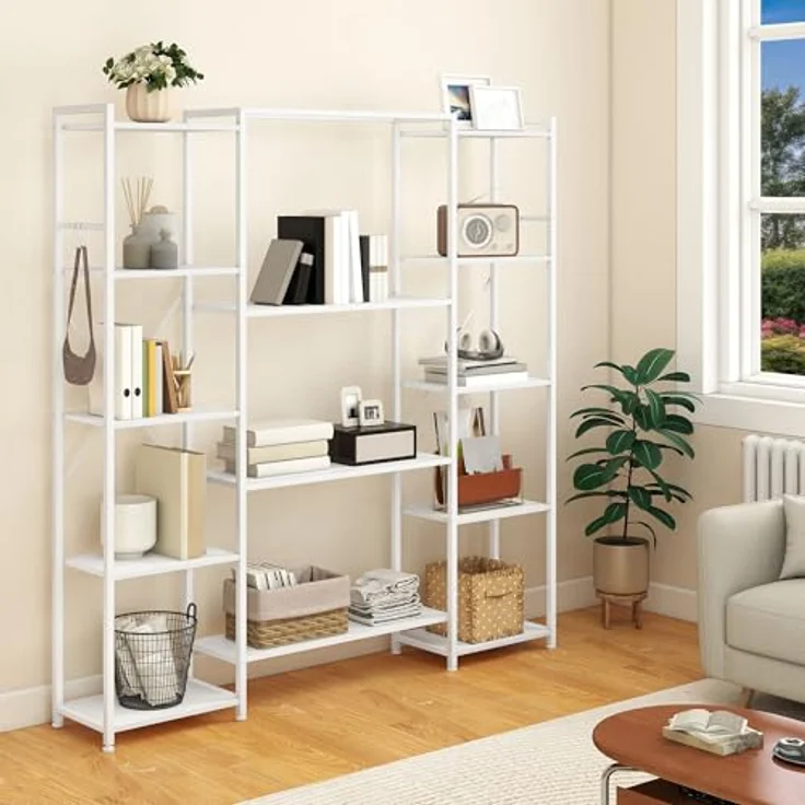YITAHOME Industrielles Bücherregal 73 cm breit, Stehend Offen Aus Holz Und Metallrahmen Mit 13 Regalen, Präsentationsregal Für Wohnzimmer, Heimbüro, Reinweiß – Bild 2