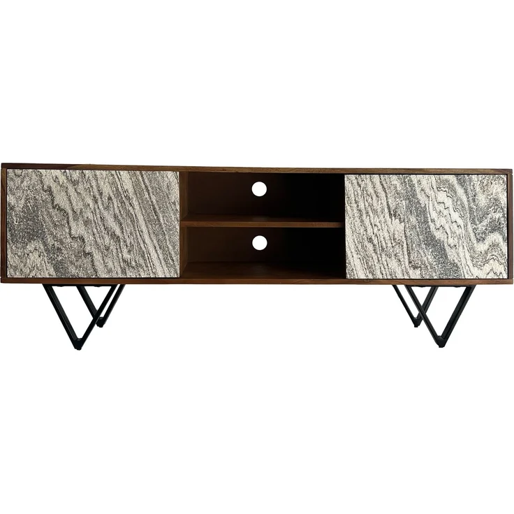 FineBuy Lowboard Sheesham Massivholz 150x56x35 cm TV-Kommode mit Steinoptik Weiß, Design TV-Schrank Hoch, Fernsehtisch Fernsehschrank Modern zwei Türen, Fernsehkommode Wohnzimmer mit Metallbeine – Bild 6