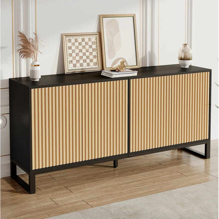 DESVIAE Sideboard Natur/Schwarz aus MDF/Spanplatte – 160x75x40 cm – 4 Türen, verstellbare Einlegeböden – Bild 6