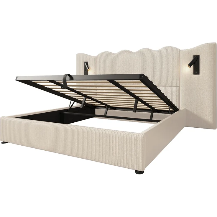 Holzbett 180x200 cm, mit hydraulischem Bettkasten, mit Lattenrost und ohne Matratze, mit Cordbezug, Beige – Bild 15
