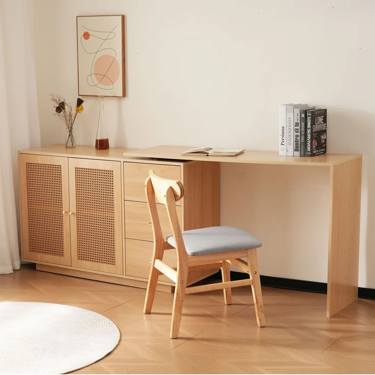 Schreibtisch mit 360°-Schwenkfunktion, MDF in Naturholzfarbe mit Rattan-Optik und Stauraum,75x126x40 cm – Bild 2