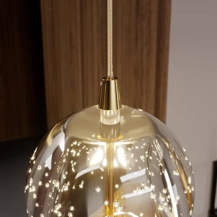 Lucande LED-Pendellampe Hayley, 96 cm, 5-flg., gold mit Glaskugeln und Blasenstruktur – Bild 6
