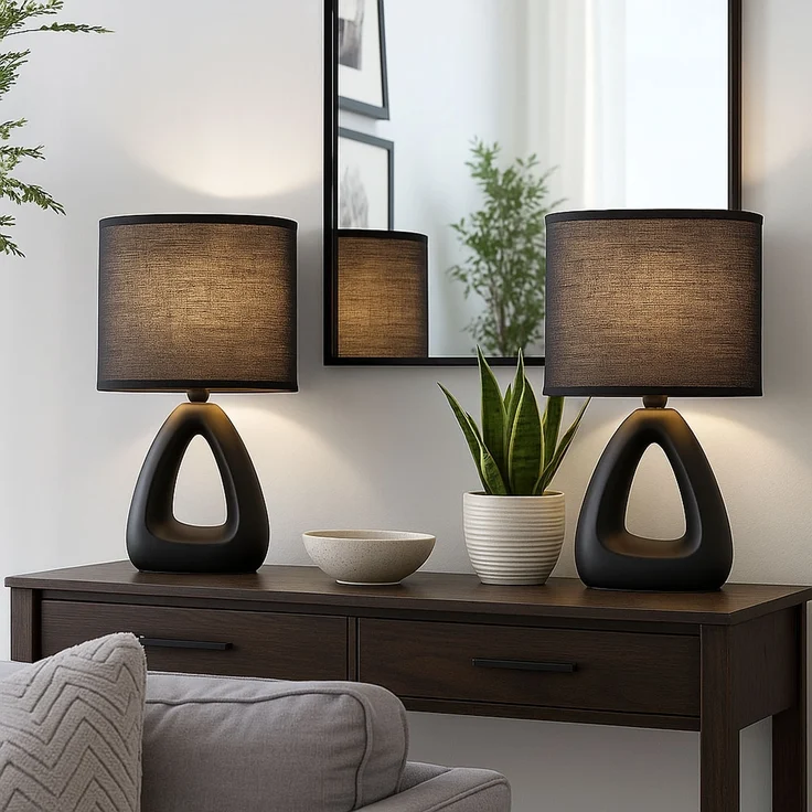 2er Set Tischleuchte, Keramik Textil, schwarz, H 30 cm – Bild 3