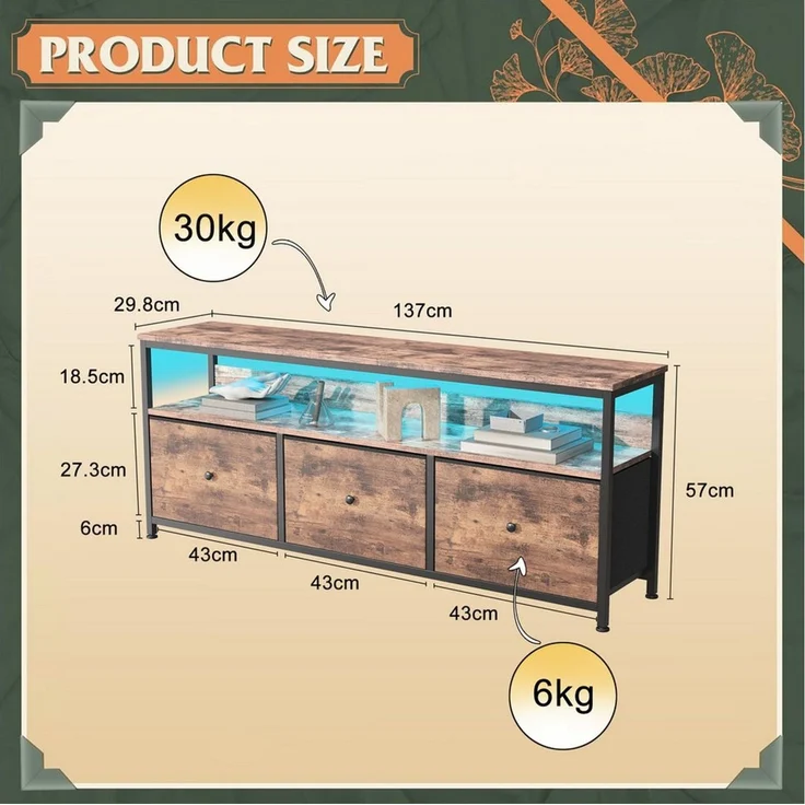 Simurq TV-Schrank Fernsehschrank mit LED-Beleuchtung (1-St, Mit Stoffschublade,Verstellbare LED) Metallrahmen, Robust,Montage einfach – Bild 2