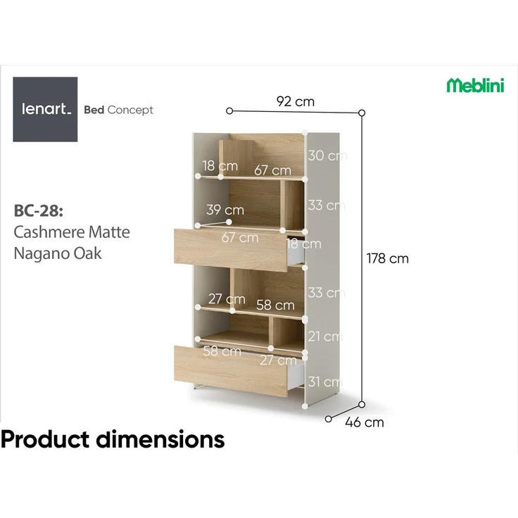 MEBLINI Wohnzimmerschrank BC-28 für Schrankbett - Kaschmir/Nagano Eiche - 92x178x46cm - Hochschrank mit Regalen, Fächern und Schubladen – Bild 4