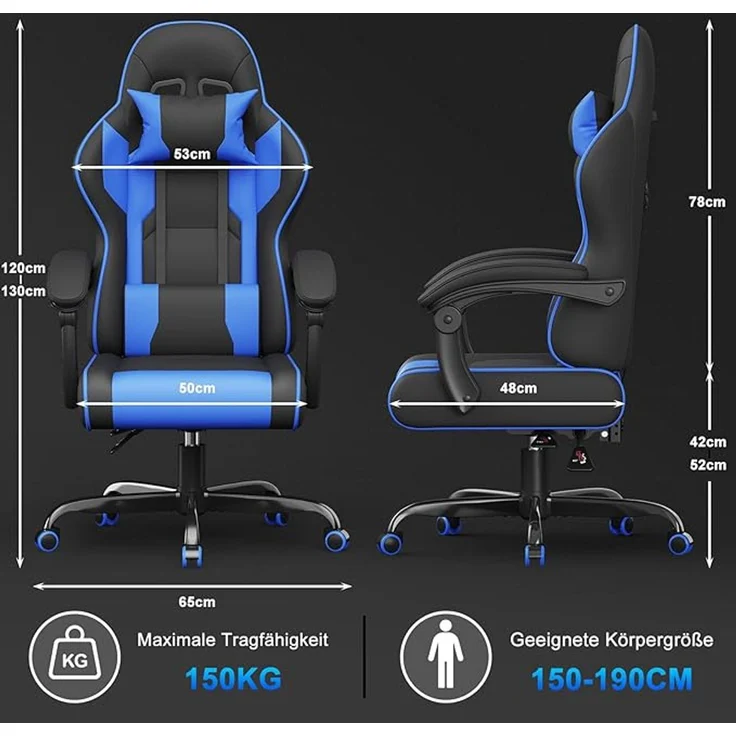 Devoko Gaming Stuhl mit Massagefunktion, Bürostuhl Ergonomisch mit Verstellbarer Ruckenlehne (90-135), Schreibtischstuhl mit Bewegliche Armlehne, max 150kg, Blau – Bild 3
