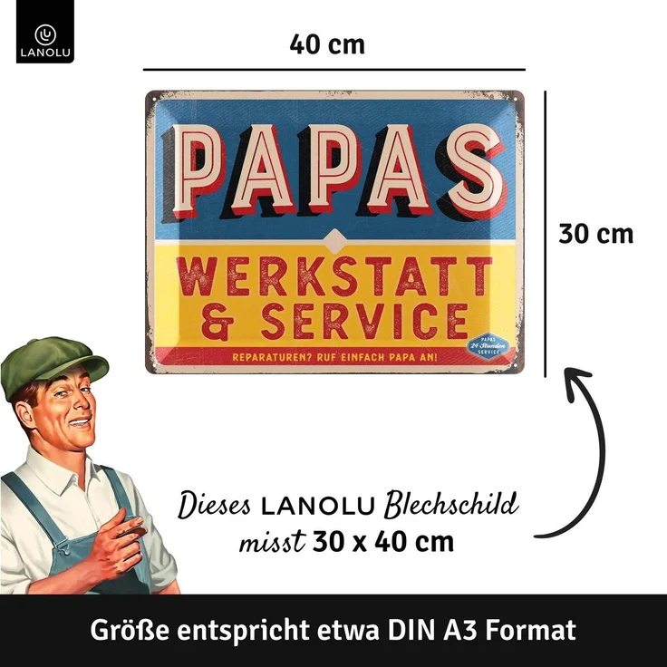 LANOLU Blechschild Werkstatt & Service Papa - 30x40cm – Metall – Mehrfarbig – 30102 – Bild 5