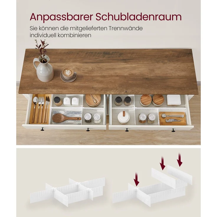 Vasagle Küchenschrank, mit Schubladen und Türen, verstellbare Ablage, Holz/Stahl, vintageweiß-honigbraun, 40 x 140 x 80 cm – Bild 5