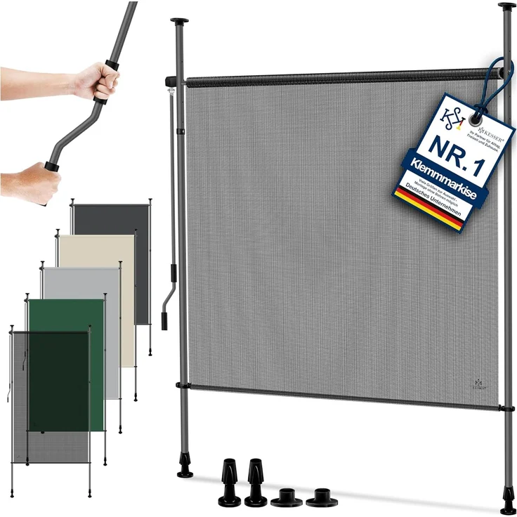 KESSER® Klemmmarkise Senkrechtmarkise außen Ausziehbar & Blickdicht | Vertikalmarkise mit Handkurbel ohne Bohren | Balkon-Sichtschutz & Windschutz für Garten & Terrasse Wasserfest 100 x 310 cm, Transparent / Anthrazit