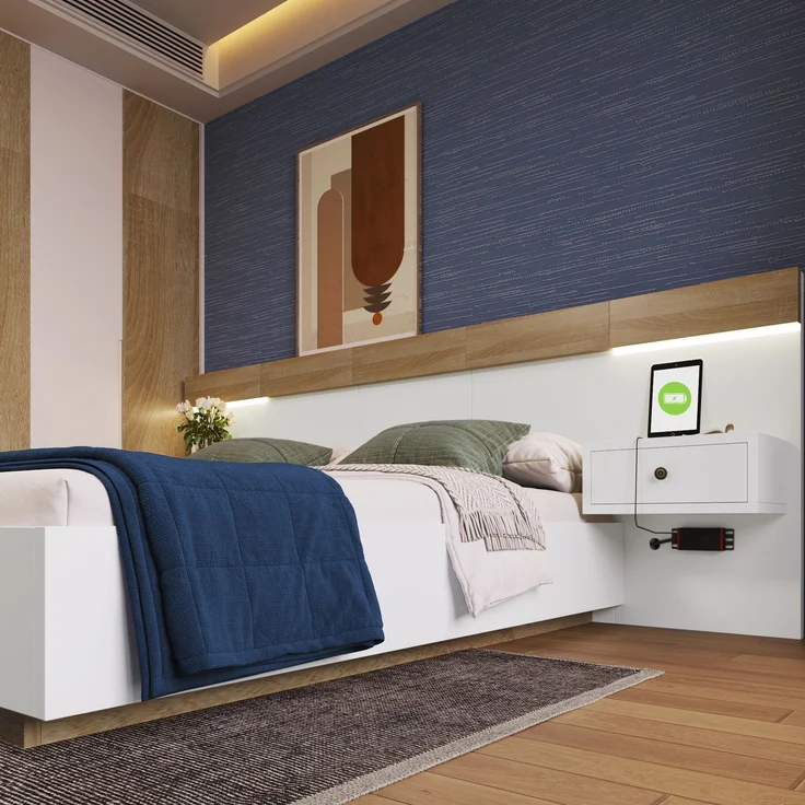 Doppelbett 140x200 cm in Eiche Weiß mit 2 LED Nachttischen, USB Stecker, Schwebebett, inkl. Lattenrost und Schubladen – Bild 3