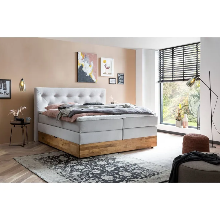 Belanoti MARBO Boxspringbett 180x200 mit Bettkasten 7-Zonen Taschenfederkern Matratze inklusive Visco Topper Bett 180x200 Eiche in der Farbe Weissgrau H2/H3 Polsterbett mit Massivholz Eiche