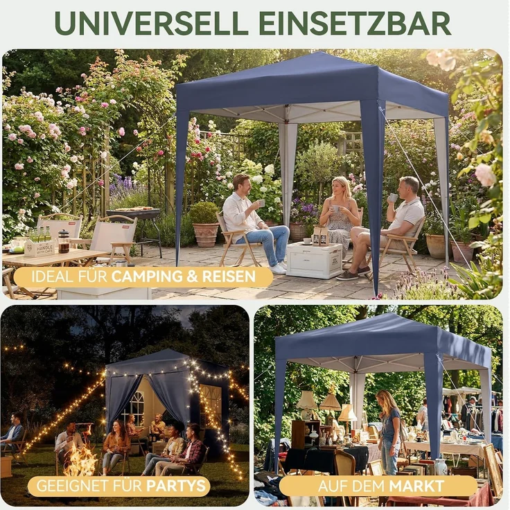 Aoxun Pop Up Pavillon 2x2m Wasserdicht mit 4 Seitenwänden, Metallrahmen-Schutzzelt, Höhe Verstellbar, Faltpavillon 2x2 mit Tragetasche für Camping Party, Blau – Bild 8