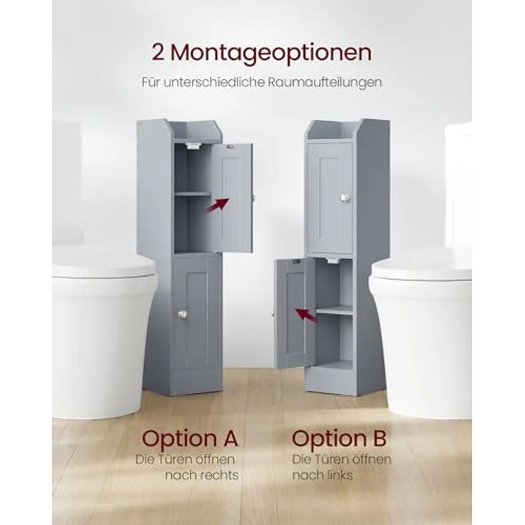 VASAGLE Siren Kollektion - Badezimmerschrank schmal, Badschrank, Eckschrank, verstellbare Ablagen, Hochschrank Bad, Türen nach Links oder rechts öffnend, Landhausstil, Taubengrau BBK312GD02 – Bild 4