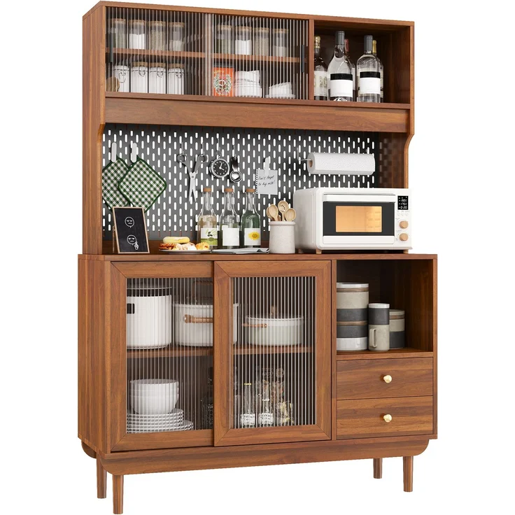 ZUBALIYA Lochplatten-Rückwand / Küchenschrank aus MDF und Spanplatte mit Kiefernholz Füßin, mit küchenbuffet mit Riffelglas-Schiebetüren und schubladen und offenen Fächern, 117.00 x 30.00 x 170.00 cm – Bild 6