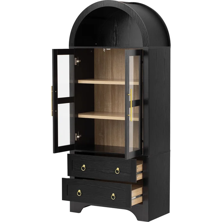 Highboard mit verstellbaren Regalböden und Schubladen, Küchenschrank mit transparentem Glas und großem Stauraum, Ideal für Esszimmer, Wohnzimmer und Küche (Schwarz)--Schwarz--76.2x40x180cm--YOUDENOVA – Bild 7