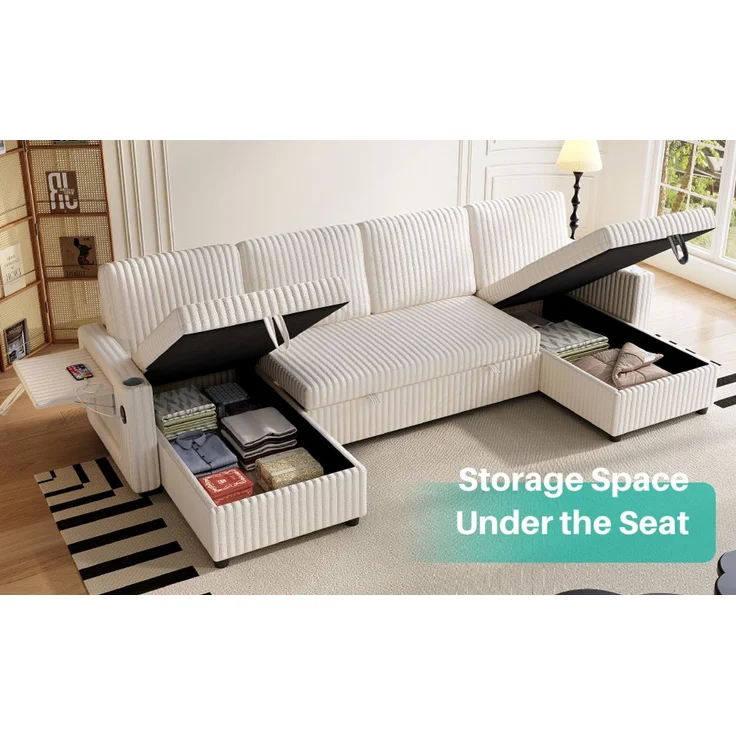 ZUBALIYA SchlafSofa mit USB - Anschluss, mit Stauraum, mit Ausziehbett, mit Cordbezug, modular aufgebaut, Beige – Bild 3