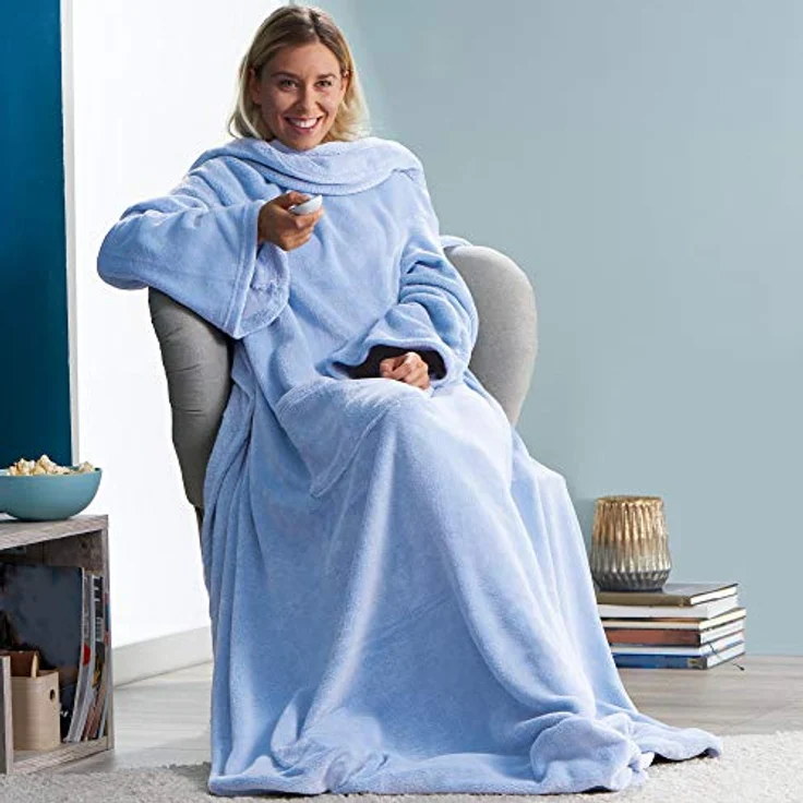 CelinaTex TV-Decke mit Ärmeln und Fußtasche Flauschige Kuscheldecke XL 170x200 cm hell blau Mikrofaser Fleece Soft Oeko-TEX – Bild 7