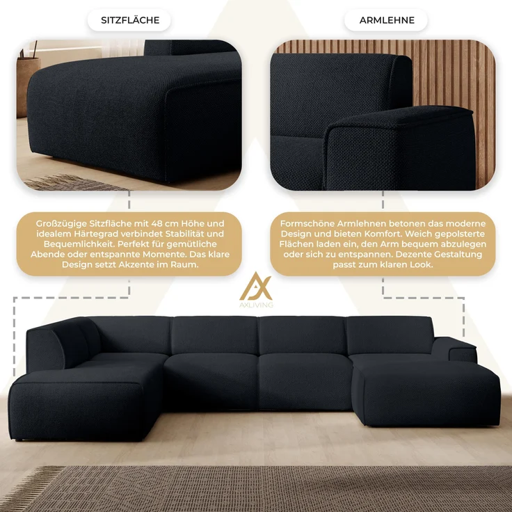 AX LIVING XXL Sofa U Form Didim Schwarz 378cm breit modern & großzügig L – Bild 6