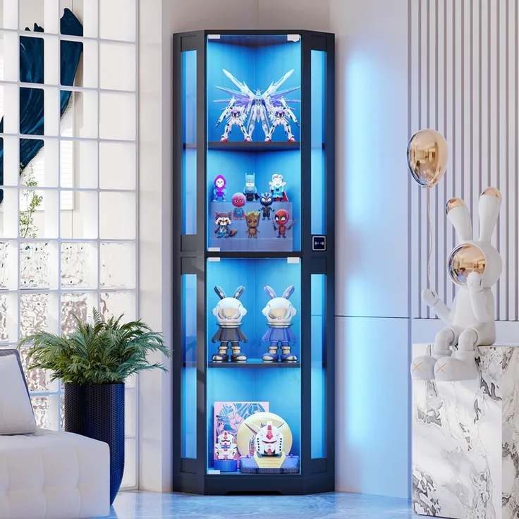 Eckvitrine 165x56x37 cm, 4-stöckiger Glasvitrinenschrank mit LED-Beleuchtung, griffloses Design, Schwarz