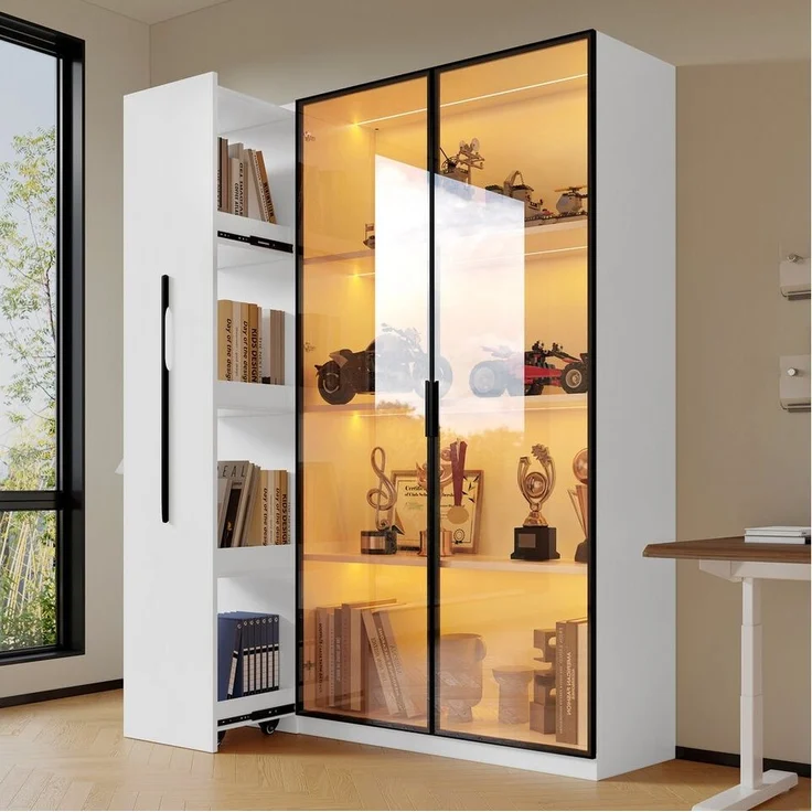 Merax Glasvitrine (2-in-1-Design Multifunktionsschrank Vitrinenschrank, 1-St, 110.5x35x160cm) LED-Vitrine mit Glastür & seitlichem Rollregal,Hochschrank Bücherregal – Bild 2