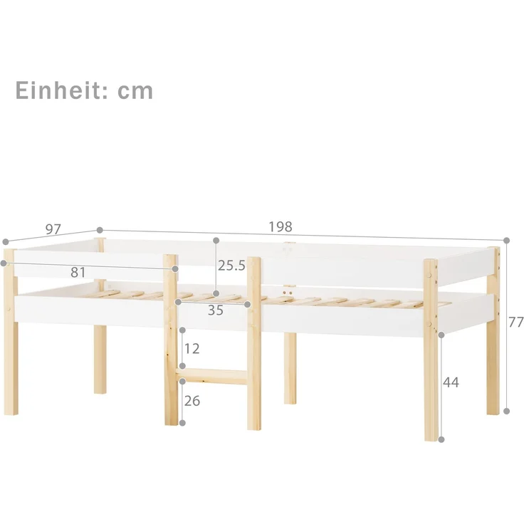 Halbhohes Kinderbett aus Kiefer 90x190 cm mit Rausfallschutz, Leiter & Stauraum, skandinavisches Hochbett – Bild 8