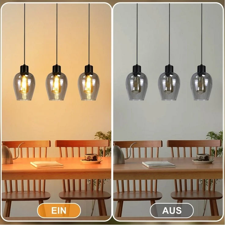 Nettlife Pendelleuchte Vintage Schwarz mit 1/3/4 flammig Rauchglas-Schirmen Hängelampe E27, Höhenverstellbar, LED wechselbar, Esstischlampe für Wohnzimmer Küche – Bild 3