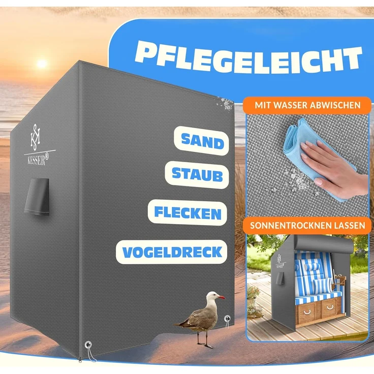 KESSER® Premium Strandkorb Schutzhülle mit Belüftungsöffnungen, Strandkorbhülle Wasserdicht, Winterfest UV-Beständiges, Schwerlast Reißfest 600D Oxford Gewebe Abdeckung (135x100x160/150cm) Grau, 135cm – Bild 6