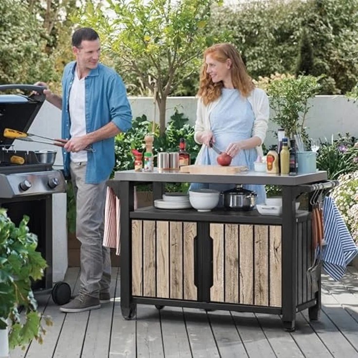 Keter Grillablagetisch UNITY XL in Holzoptik Pinie, aus Kunststoff mit Edelstahlplatte (mit Küchenrollenhalterung, Aufhängungen), abschließbar, UV- und witterungsbeständig – Bild 3