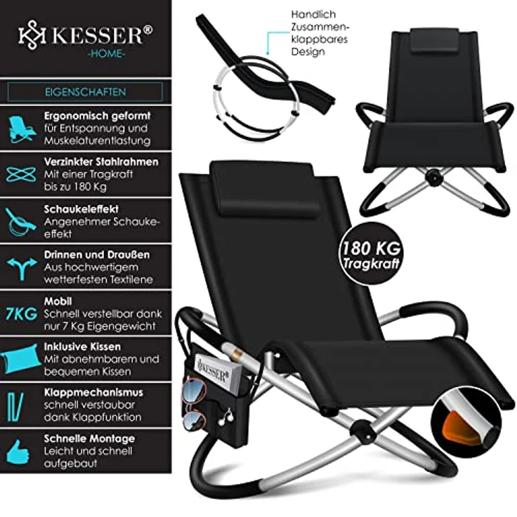 KESSER® Relaxliege Liegestuhl Inkl. Tasche + Abdeckung Gartenliege Sonnenliege Gartenstuhl Klappstuhl faltbar | Schwungliege | Schaukelsessel | ergonomische Relaxsessel | 180kg Belastung, Schwarz – Bild 3