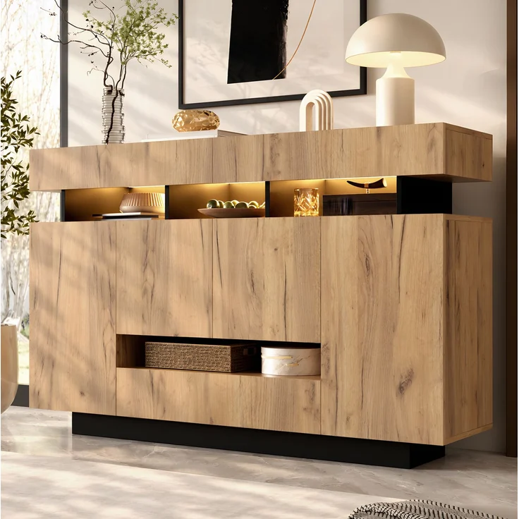 Sideboard 140 x 35 x 90 cm mit 4 Türen, 3 Schubladen und RGB-Beleuchtung – Natur/Schwarz – Bild 3