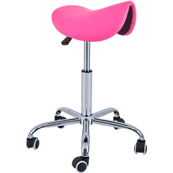 QUIRUMED Pony-Hocker mit 5 Rädern, Chromgestell, rosa Farbe, Kunstlederpolsterung, höhenverstellbar, leicht, ergonomisches Design, drehbar, bis zu 150 kg