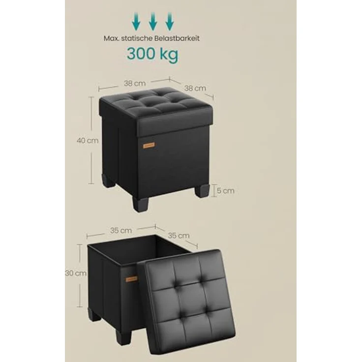 SONGMICS Sitzhocker mit Stauraum, kleine klappbare Sitzbank, 38 x 38 x 40 cm Fußbank, Aufbewahrungsbox, bis 300 kg belastbar, für Wohnzimmer Schlafzimmer Schlafsaal, Schwarz LSF0512B02 – Bild 2