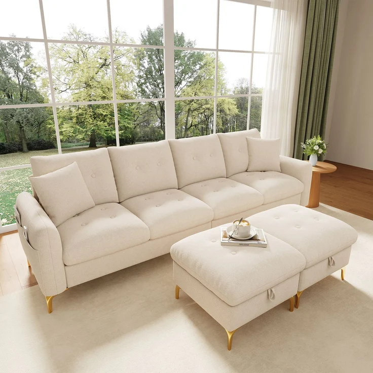 Merax 4-Sitzer U-förmiges modulares Schlafsofa mit 2 Stauraumhockern und 2 Dekokissen, Gesamtmaße 263×137×85 cm, Beige – Bild 3