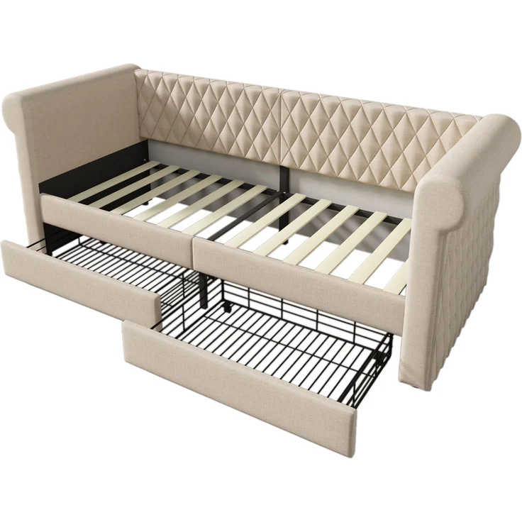Schlafsofa aus Leinen mit 2 Schubladen & Lattenrost, 90x200 cm, Beige, ohne Matratze – Bild 10