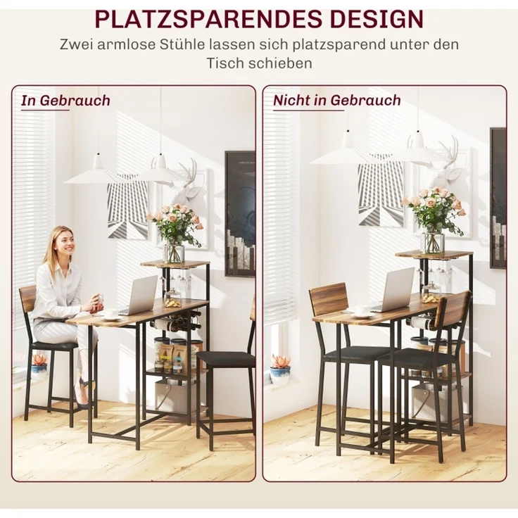 Bartisch mit Barhocker Set, 3-tlg, Bartisch-Set mit Klappbar Küchentisch, Weinglashalter Weinregal Ablage 2 Barstühlen, Stahlrahmen, im Modern, Essgruppe für Esszimmer, Küche, Braun--Braun--140x40x116cm--YOUDENOVA – Bild 6