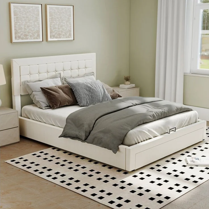 oyajia Polsterbett Doppelbett Polsterbett 140x200cm, Luftdruck anhebbarer Stauraumbett (Leinenmaterial Polsterbett mit Lattenrost und Luftdruckhebel), Modernes Jugendbett, Leises Design, Einfach zu montieren und stabil – Bild 3