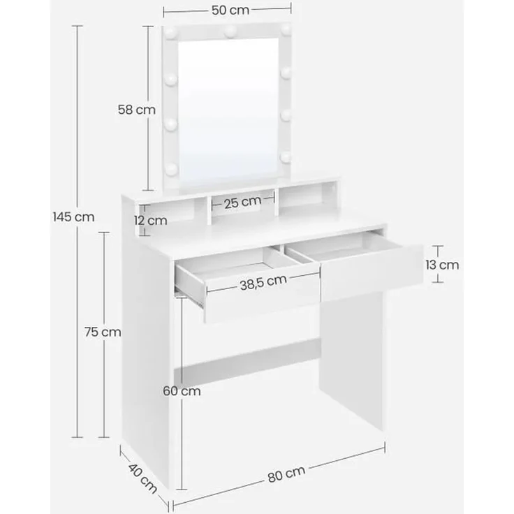 Vasagle Schminktisch mit LED-Beleuchtung und Spiegel, Holz weiß, 145 x 80 x 40 cm – Bild 4