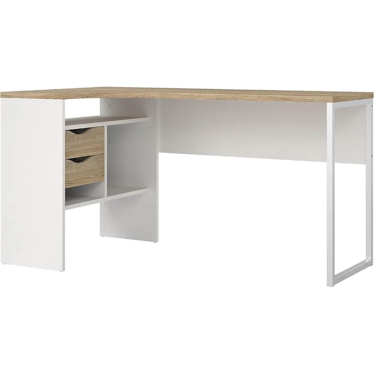 'Plus' Eckschreibtisch mit 3 Ablagen, weiß/Eiche Dekor, 76,8 x 81 x 145,1 cm