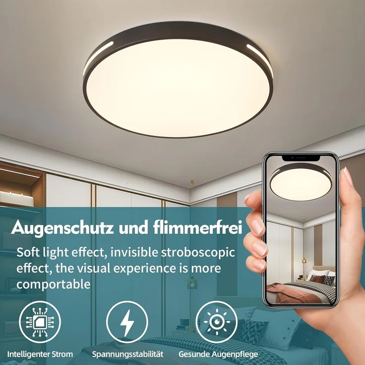 Natsen Deckenleuchte LED Deckenlampe, 96W, Voll dimmbar mit Fernbedienung, 3000K-6000K, Warmweiß bis kaltweiß, Rund Leuchte für Wohnzimmer, Gastzimmer, Büro (Schwarz 50x50x5cm) – Bild 2