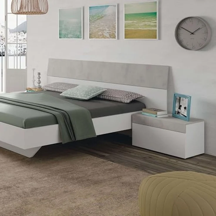 Habitdesign, modernes Kopfteil mit 2 Beistelltischen – Schlafzimmer-Set für Doppelbett in Artik weiß & Zementgrau, viel Stauraum, Maße: 298 x 96,5 x 40 cm (B x H x T), Modell Tekkan – Bild 5