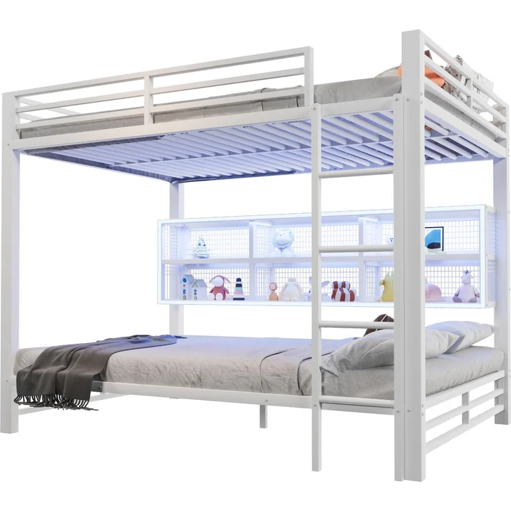 EINHOM 140 x 200 cm Etagenbett mit Stauraumschränken und LED-Licht, Weiß (Ohne Matratze) – Bild 6