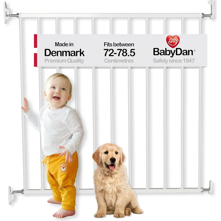 BabyDan Aarhus, 72-78,5 cm, Basic-Treppengitter/Babygitter/Sicherheitsgitter, Metall, Weiß, hergestellt in Dänemark – (Haustiergitter/Hundegitter)