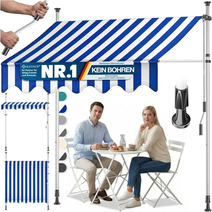 KESSER® Klemmmarkise mit Handkurbel Balkon, Balkonmarkise ohne Bohren, UV-beständig höhenverstellbar wasserabweisend, Sonnenschutz, Terrassenüberdachung, einfache Montage 200cm