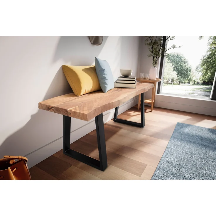 Garderobenbank 120x40x45,5cm Akazie Massivholz Baumkante Metall Trapezbeine Schwarz – Bild 5