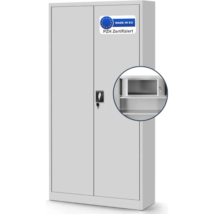 Metallschrank abschließbar KODLI - Geheimfach, 4 Ebenen | Aktenschrank Büroschrank Stahl Mehrzweckschrank Werkstatt Werkzeugschrank, 185x90x45cm Grau