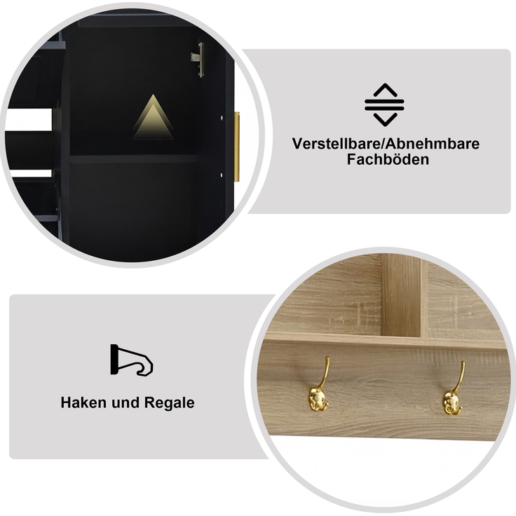 CHICFURN Schrank 4-tlg. 139,5x166x35 cm mit Schuhschrank und Sitzbank – Garderoben-Set in Natur/Schwarz – Bild 6