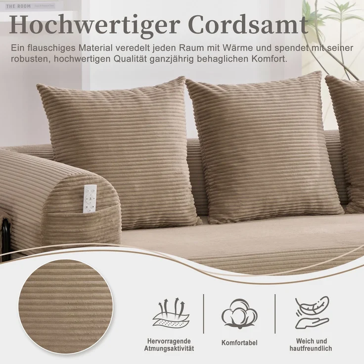 LVHOM Schlafsofa 3 Sitzer, Klappsofa mit Schlaffunktion, Bodensofa, Polstersofa aus CordStoff, Schlafcouch dauerschläfer, frei Kombination, 200x94x67 cm, Khaki – Bild 5