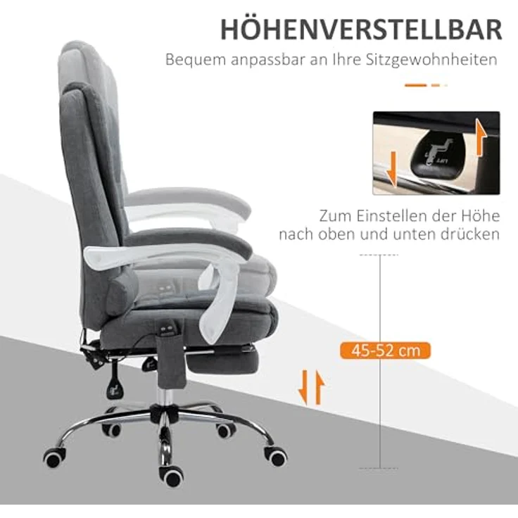 Vinsetto Bürostuhl mit Massagefunktion, höhenverstellbar mit Fußstütze, 360° drehbar, 6-Punkt-Massage und Heizfunktion – Bild 6